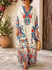 Retro Floral Pattern Art Print Casual V-neck Cotton Linen Maxi Dress