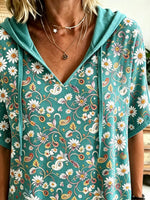 Women Daisy Paisley Art Print Hooded Short Sleeve Top