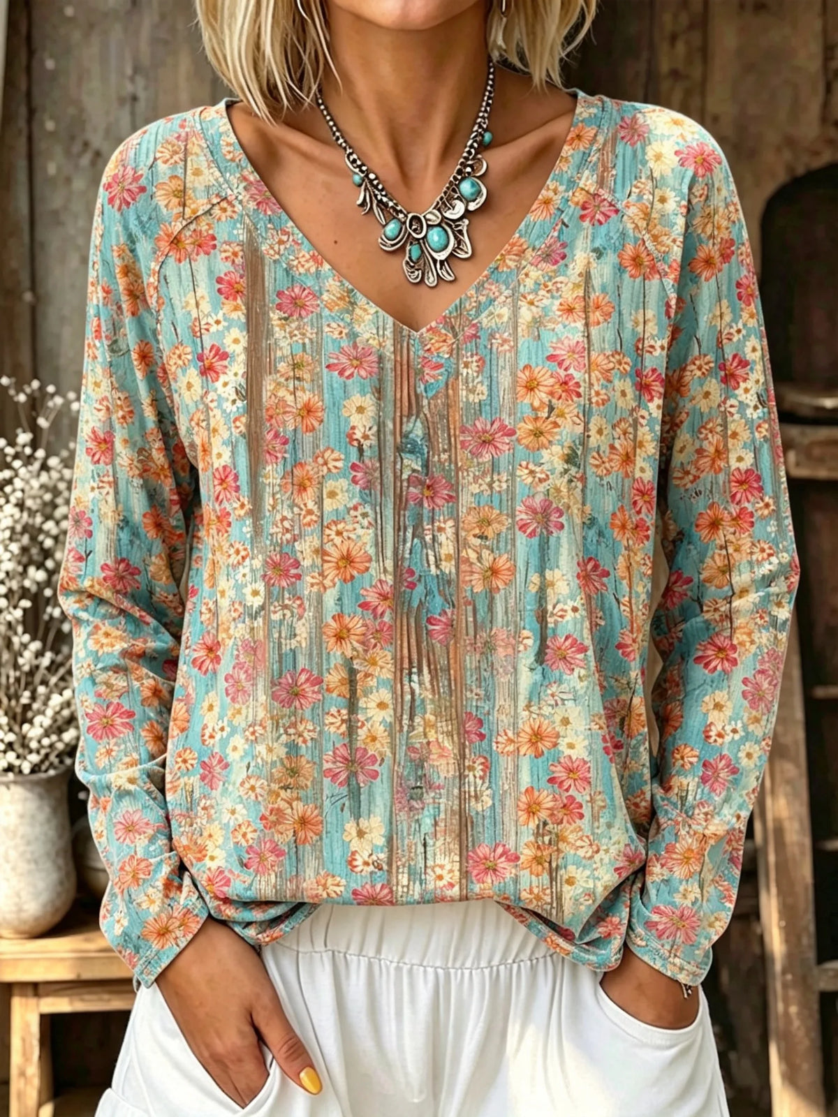 Women Vintage Ditsy Floral Art Print Long Sleeve Top