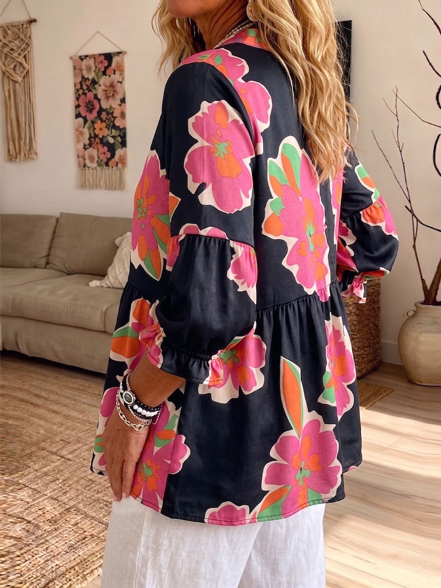 Vintage Elegant Ruffled Floral Patterned Shirt