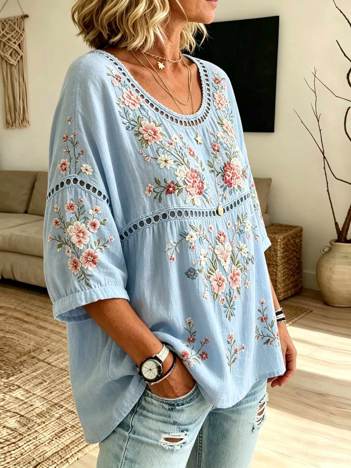Women's Floral Eyelet Print Blouse