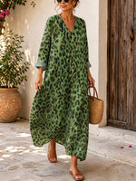 Retro Leopard Pattern Art Print Casual V-neck Long Sleeve Cotton Linen Maxi Dress