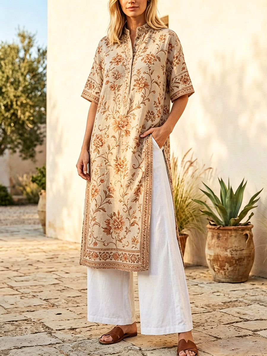 Retro Floral Pattern Art Print Casual Side Slits Stylish Cotton Linen Shirt