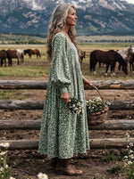 Women‘s Green Ditsy Floral Square Neck Balloon Sleeve Boho Midi Dress
