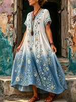 Women Gradient Floral Embroidery V-Neck Maxi Dress