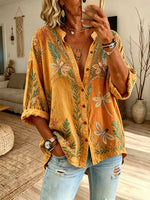 Women’s Orange Yellow Floral Dragonfly Print Button Down Shirt