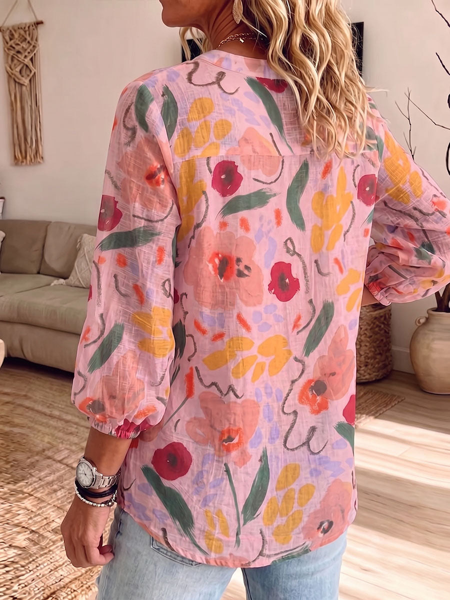 Vintage Elegant Button Long Sleeve Patterned Shirt