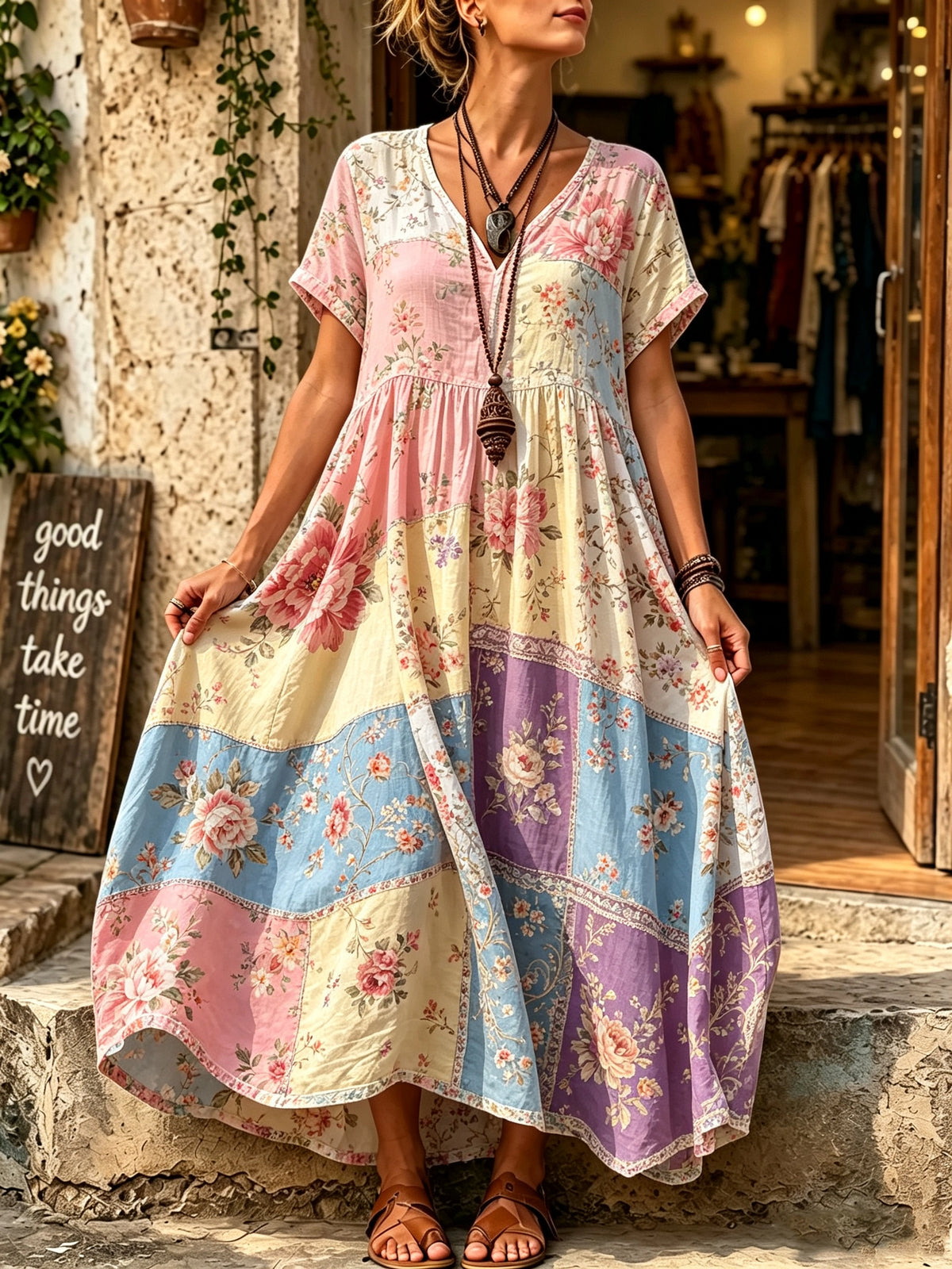 Women's Floral Patchwork Print Maxi Dress