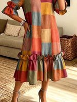 Retro Plaid Pattern Art Print Casual Ruffle Stylish Cotton Linen Dress