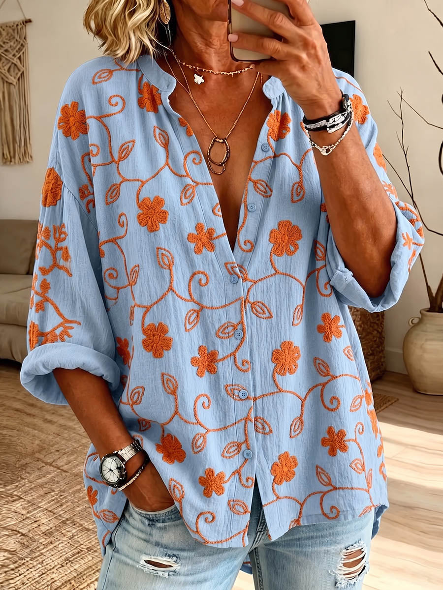 Vintage Elegant Button Long Sleeve Patterned Shirt
