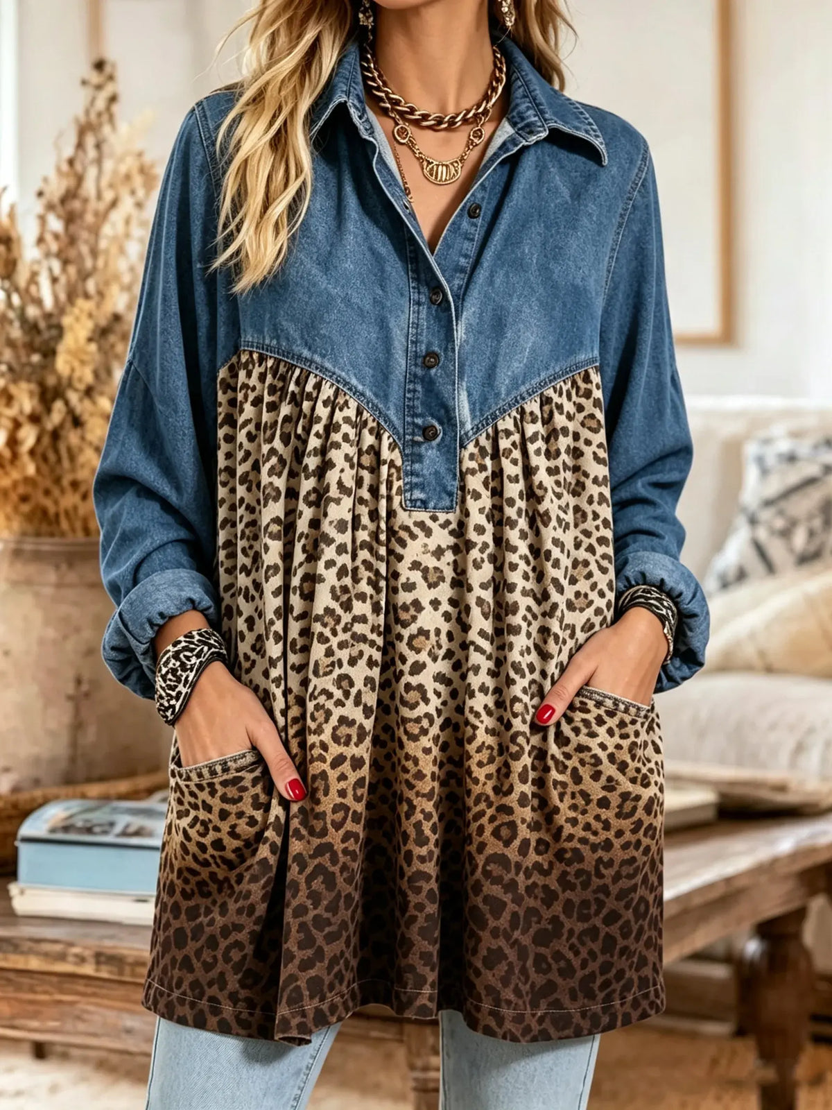 Women's Denim Yoke Leopard Tunic Top