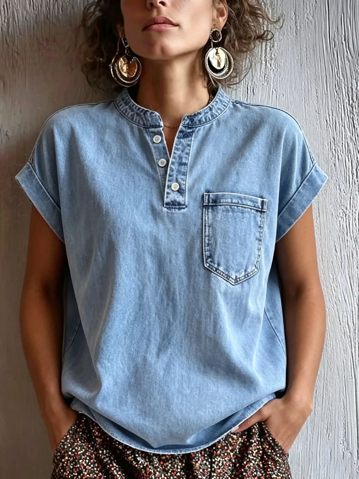 Women's Stand Collar Half Placket Patch Pocket Sleeveless Denim Blouse