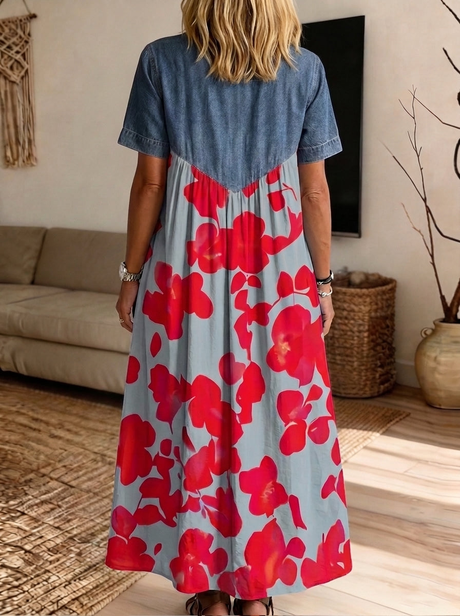 Women’s Denim Spliced Red Big Floral Print Midi Shirt Dress With Pockets