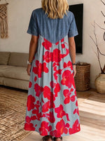 Women’s Denim Spliced Red Big Floral Print Midi Shirt Dress With Pockets