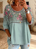 Women's Hollow Lace Spliced Leopard Floral Patchwork 3/4 Sleeve Blouse