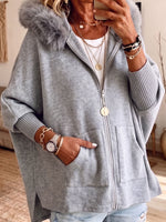 Faux Fur Hood Zip Up Oversized Batwing Sleeve Jacket