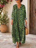 Retro Leopard Pattern Art Print Casual V-neck Long Sleeve Cotton Linen Maxi Dress