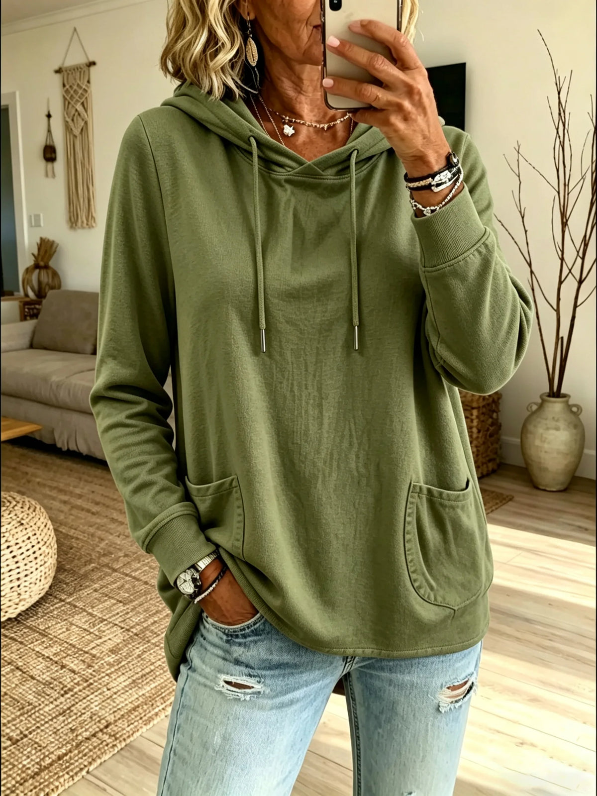 Women's Solid Color Basic Dual Pocket Drawstring Loose Hooded Sweatshirt