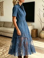 Women's Sheer Lace Patchwork Denim Midi Dress