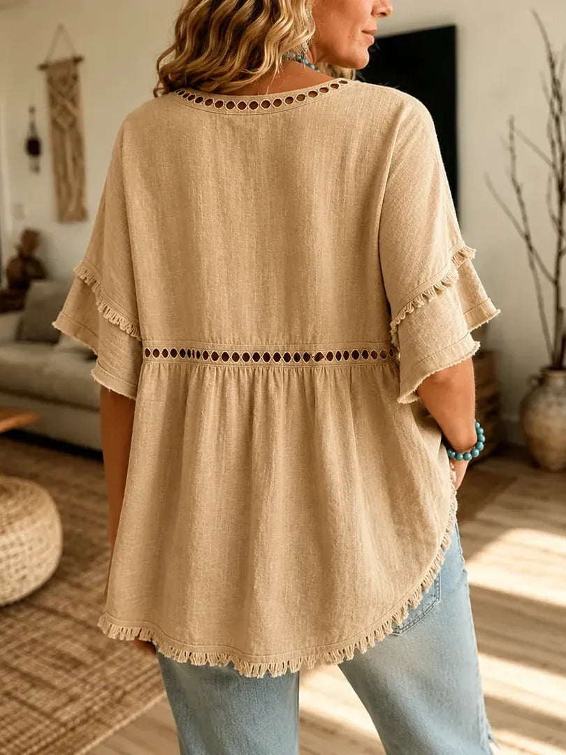 Women's Cutout Fringe Linen Blouse