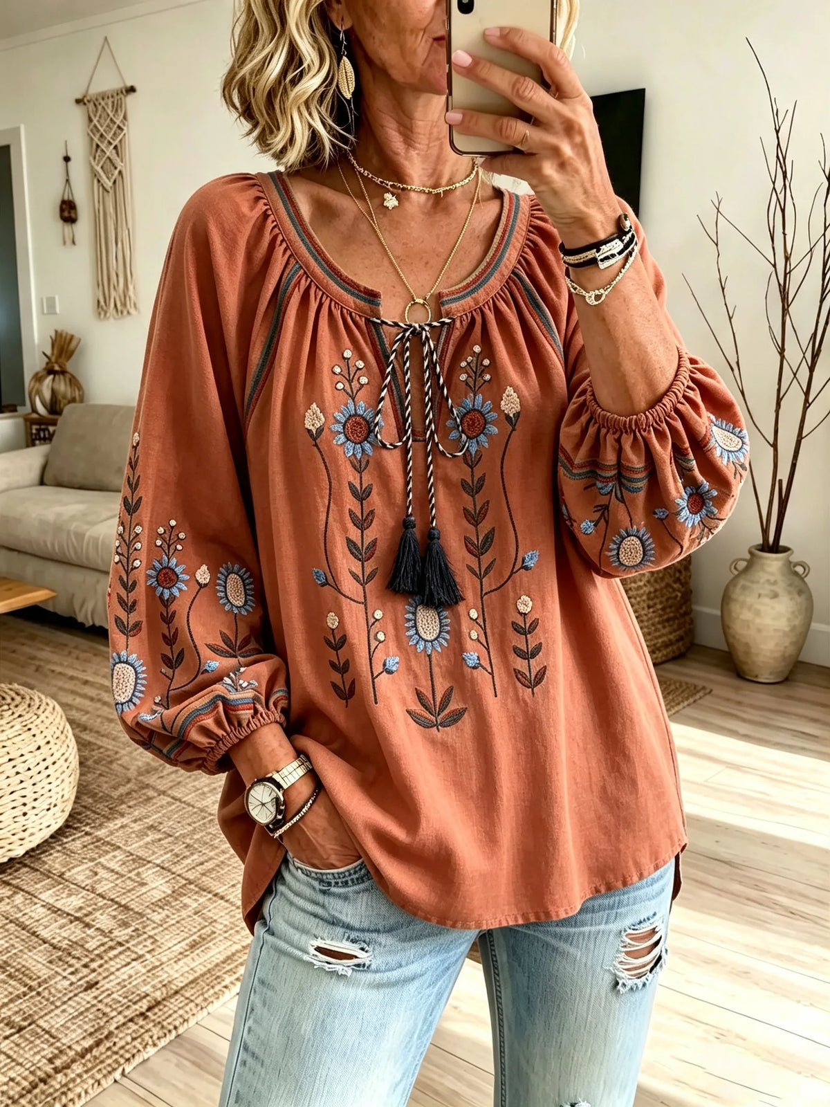 Women's Colorful Daisy Floral Print Tie Neck Puff Sleeve Top