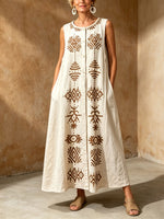 Women's Sleeveless Tribal Geometric Print Button Front Linen Blend Maxi Dress