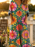Women's Floral Pattern Art Print Casual V Collar Cotton Linen Long Dress