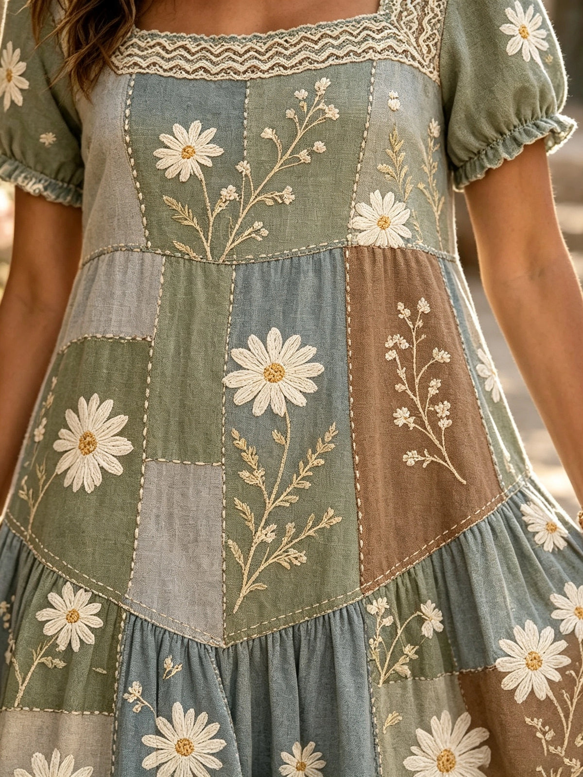 Women's Daisy Patchwork Square-Neck Maxi Dress