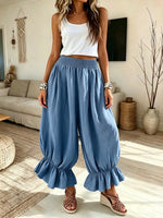 Women Solid Elastic Waist Ruffle Lantern Wide Leg Pants