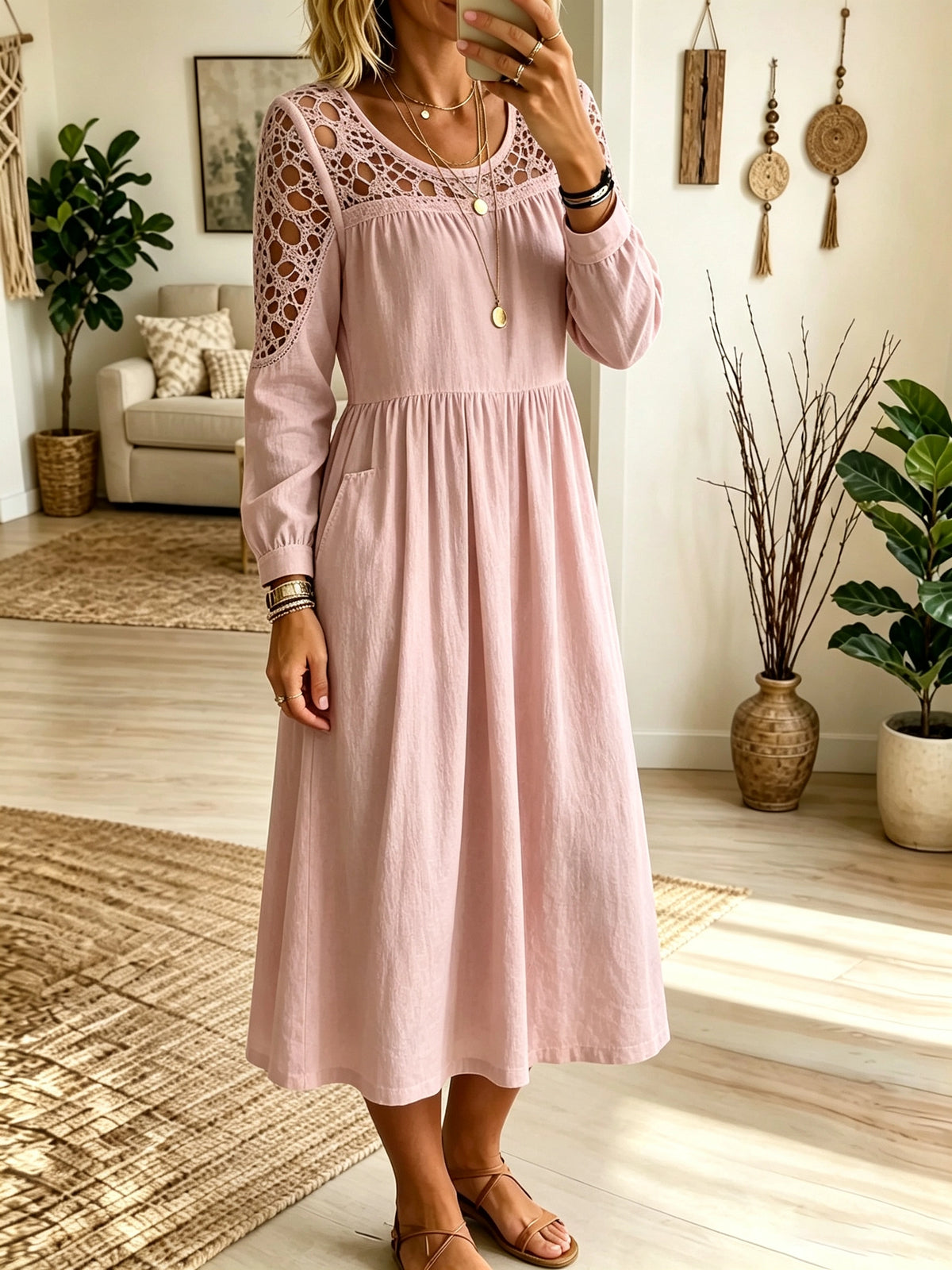 Women's Crochet Cutout Yoke Midi Dress