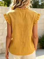 Women's Solid Color Ruffle Art Short Sleeve Cotton And Linen Shirt