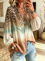 Women's Leopard Gradient Tie-dye Patchwork V-neck Lantern Sleeve Blouse