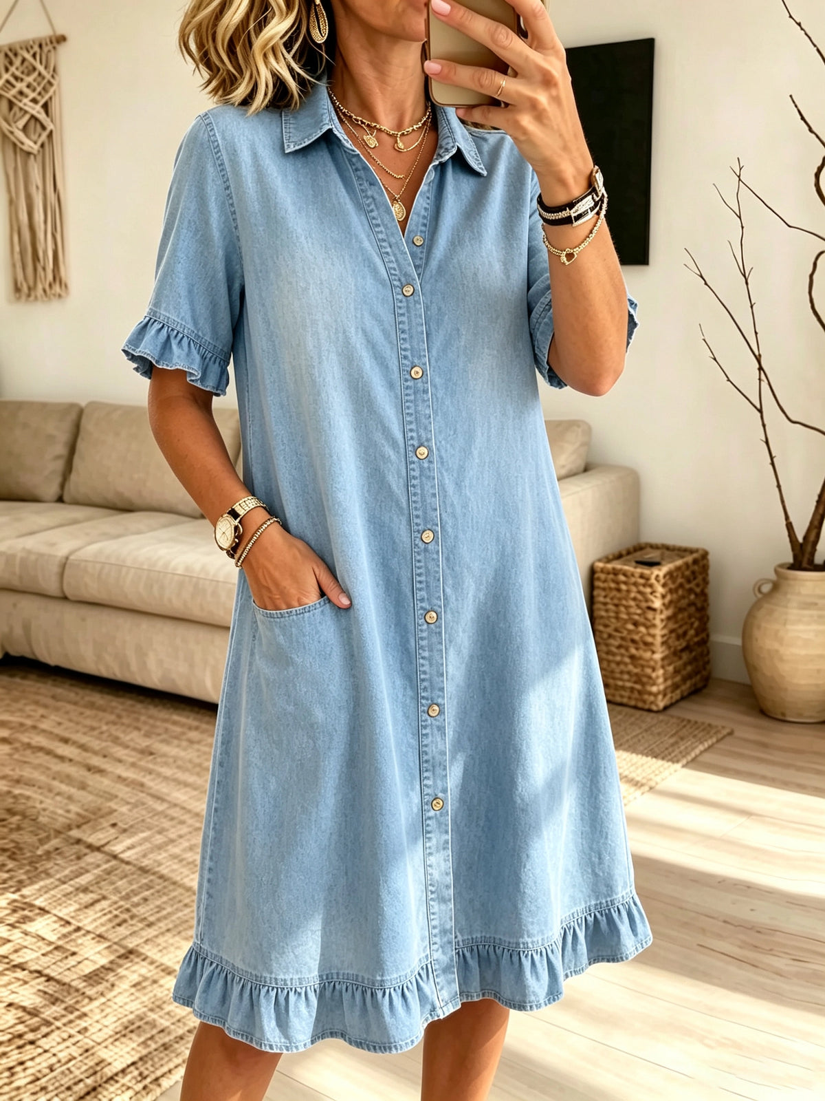 Women's Crochet Cutout Shirt Dress