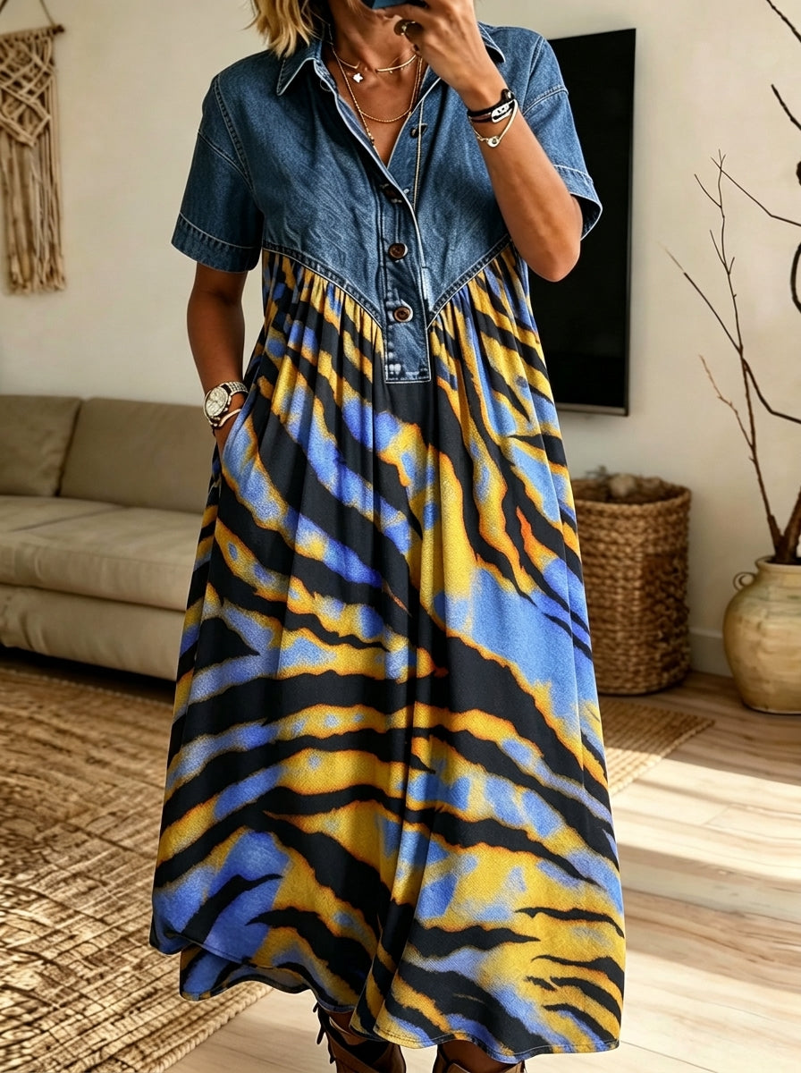 Women’s Denim Collar Colorful Tiger Stripe Spliced Midi Shirt Dress