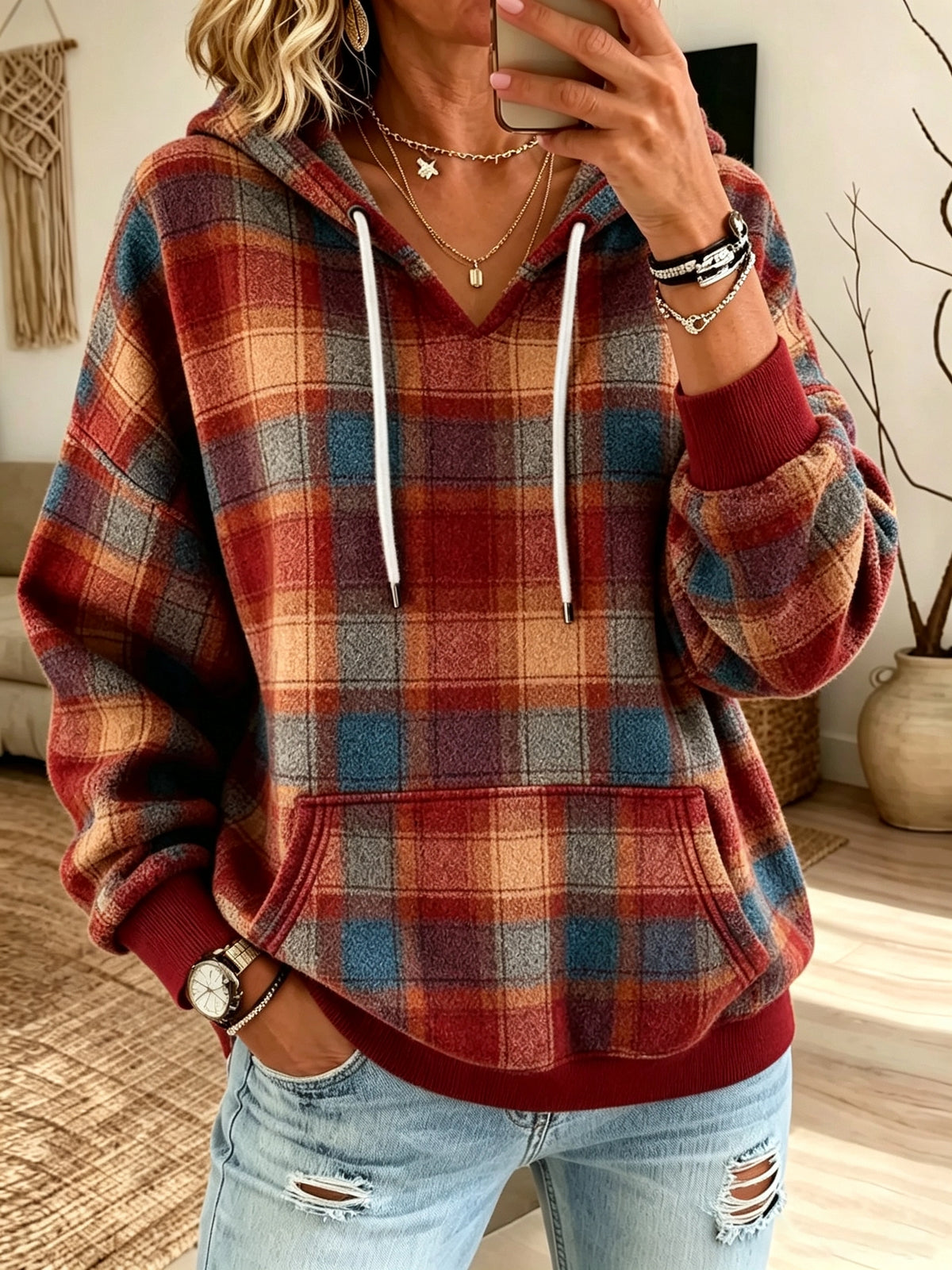 Women's Plaid Drawstring Pullover Hoodie