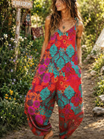 Women’s Boho Tie Dye Geometric Spaghetti Strap Harem Jumpsuit With Pockets
