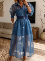 Women's Sheer Mesh Puff Sleeve Shirt Maxi Dress With Belt & Inner Slip