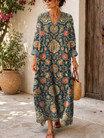 Retro Ethnic Floral Pattern Art Print Casual V-neck Long Sleeve Cotton Linen Maxi Dress