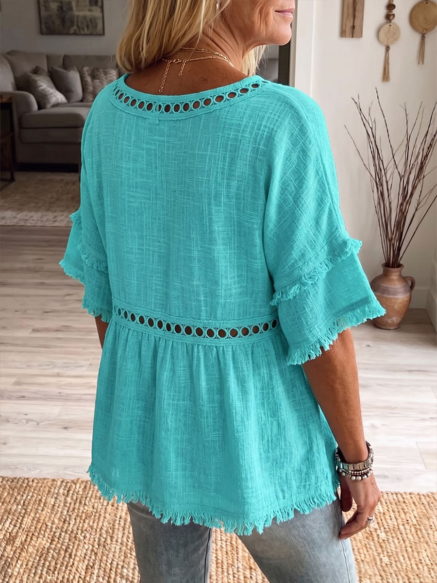 Vintage Elegant Openwork Lace Patchwork Cotton And Linen Shirt