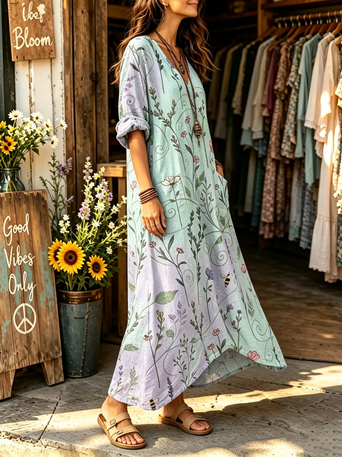 Women's Gradient Watercolor Wild Herb Floral Print V-neck Maxi Dress