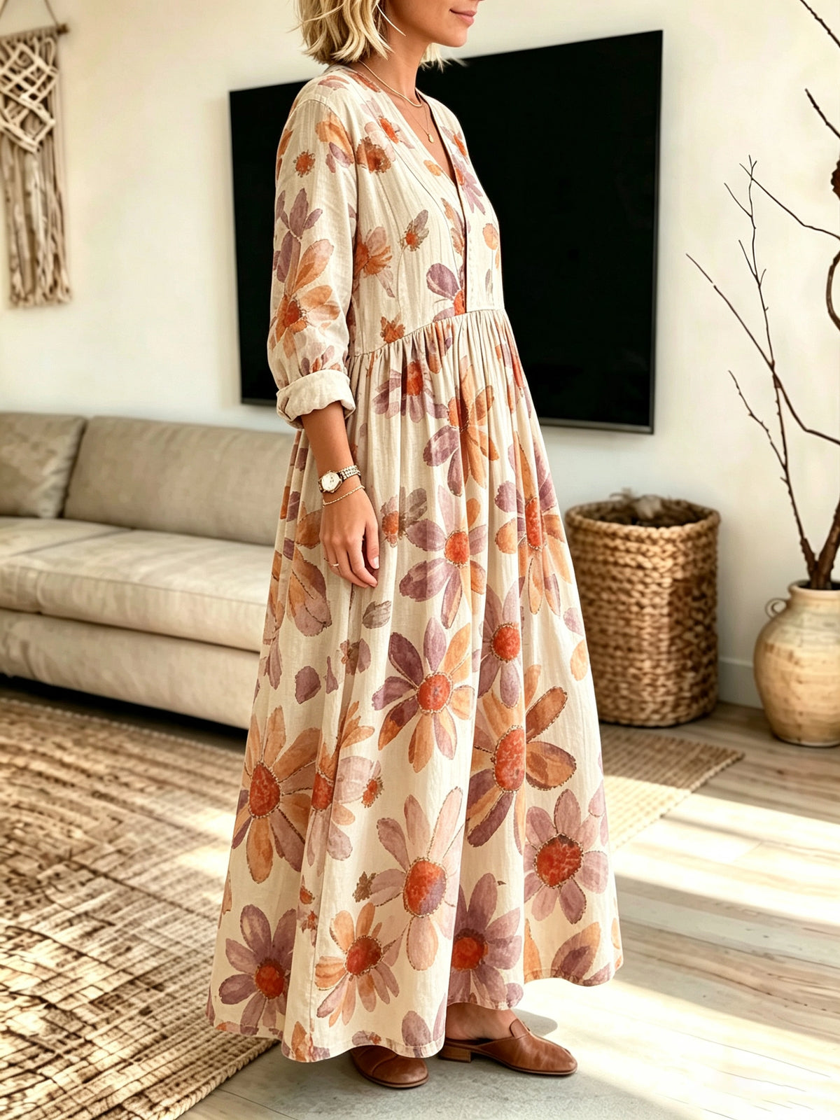 Women's Floral Print V-Neck Maxi Dress