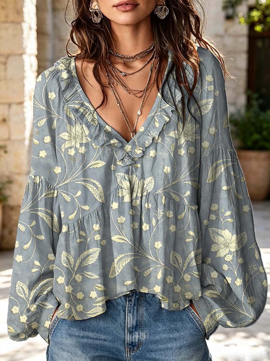 Women's Floral Pattern Art Print Ruffle Casual Long Sleeve Cotton Linen Shirt