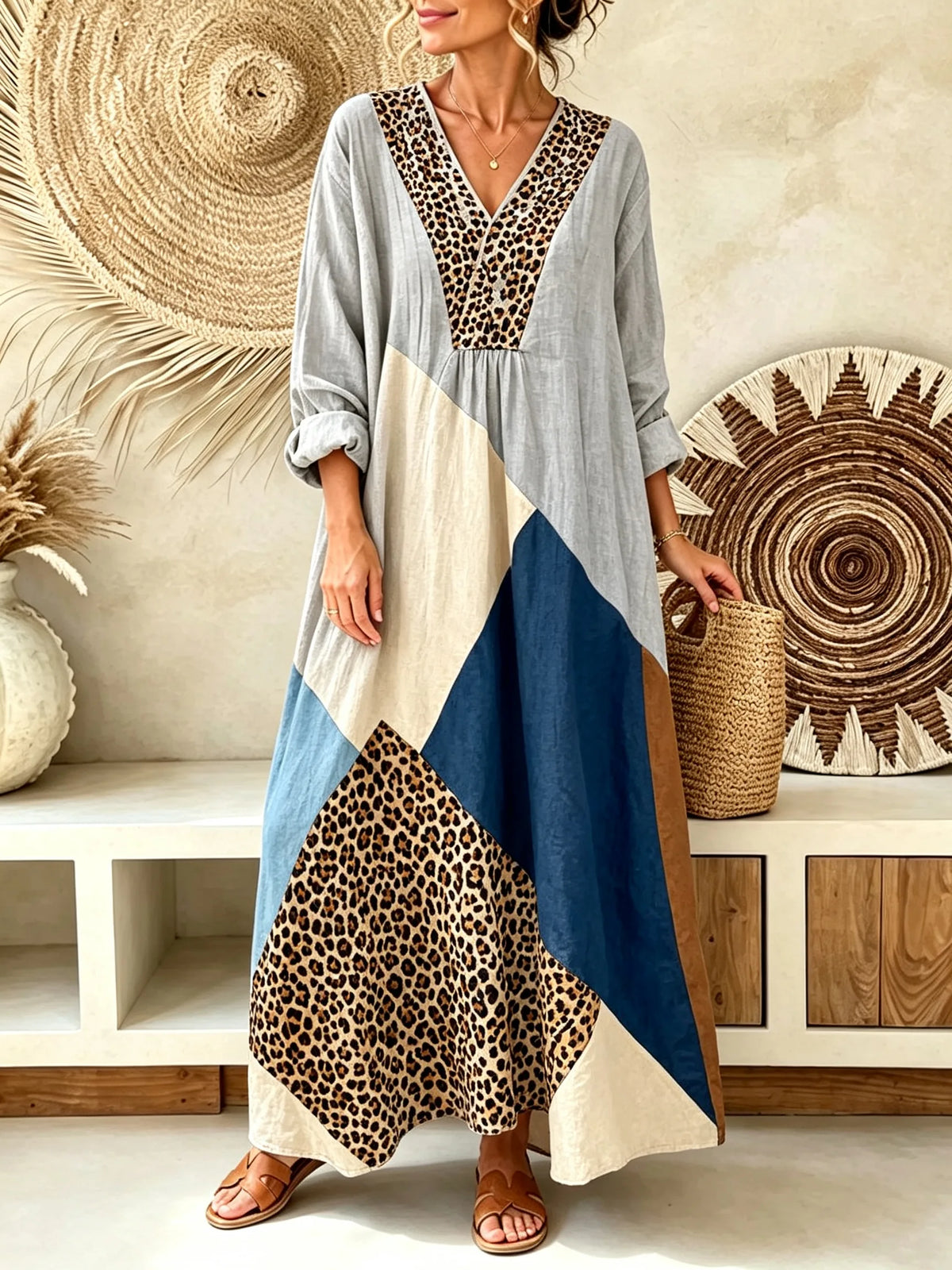 Women's Leopard Geometric Color Block Patchwork Print V-Neck Maxi Dress