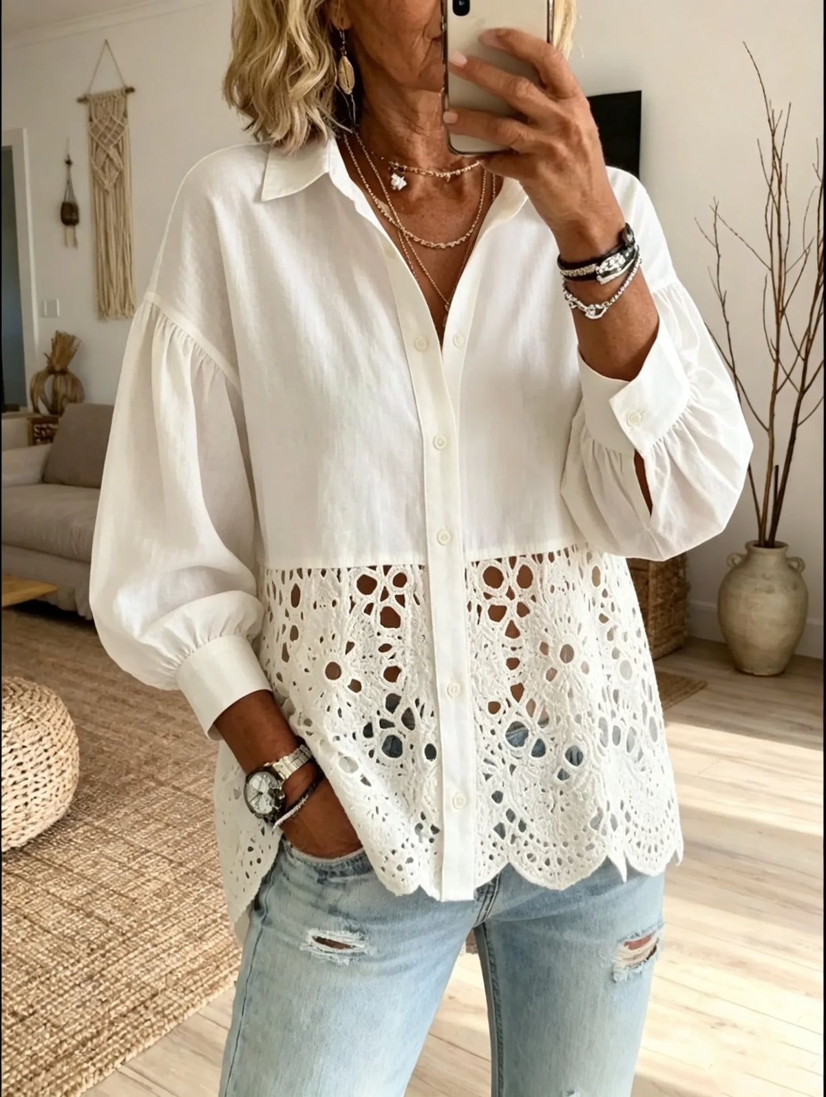 Women's Solid Color Hollow Embroidery Lapel Long Sleeve Shirt