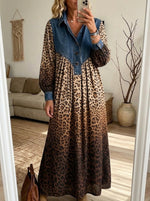 Vintage Denim Yoke Leopard Long Sleeve Maxi Dress