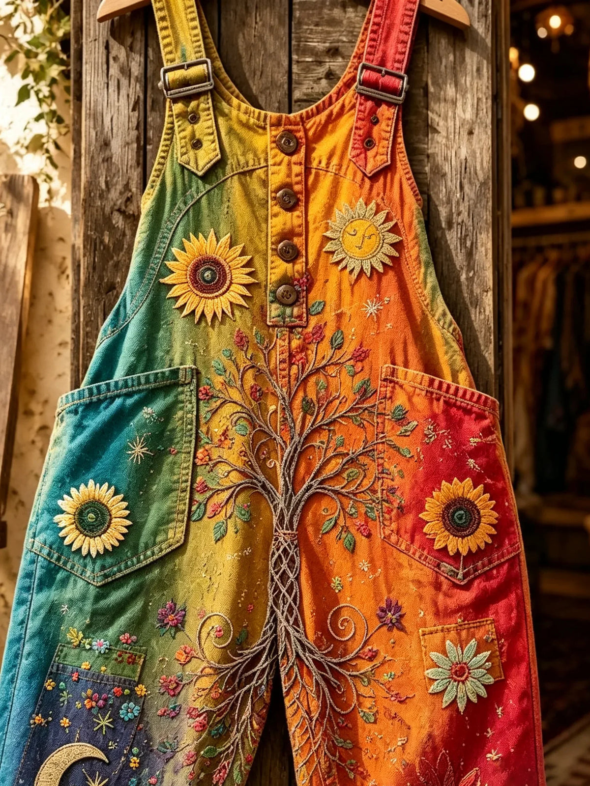 Women's Gradient Tree of Life Sunflower Moon Star Print Rainbow Overall Pants
