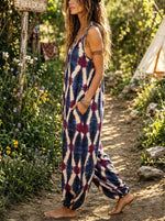 Women’s Boho Tie Dye Geometric Spaghetti Strap Harem Jumpsuit With Pockets