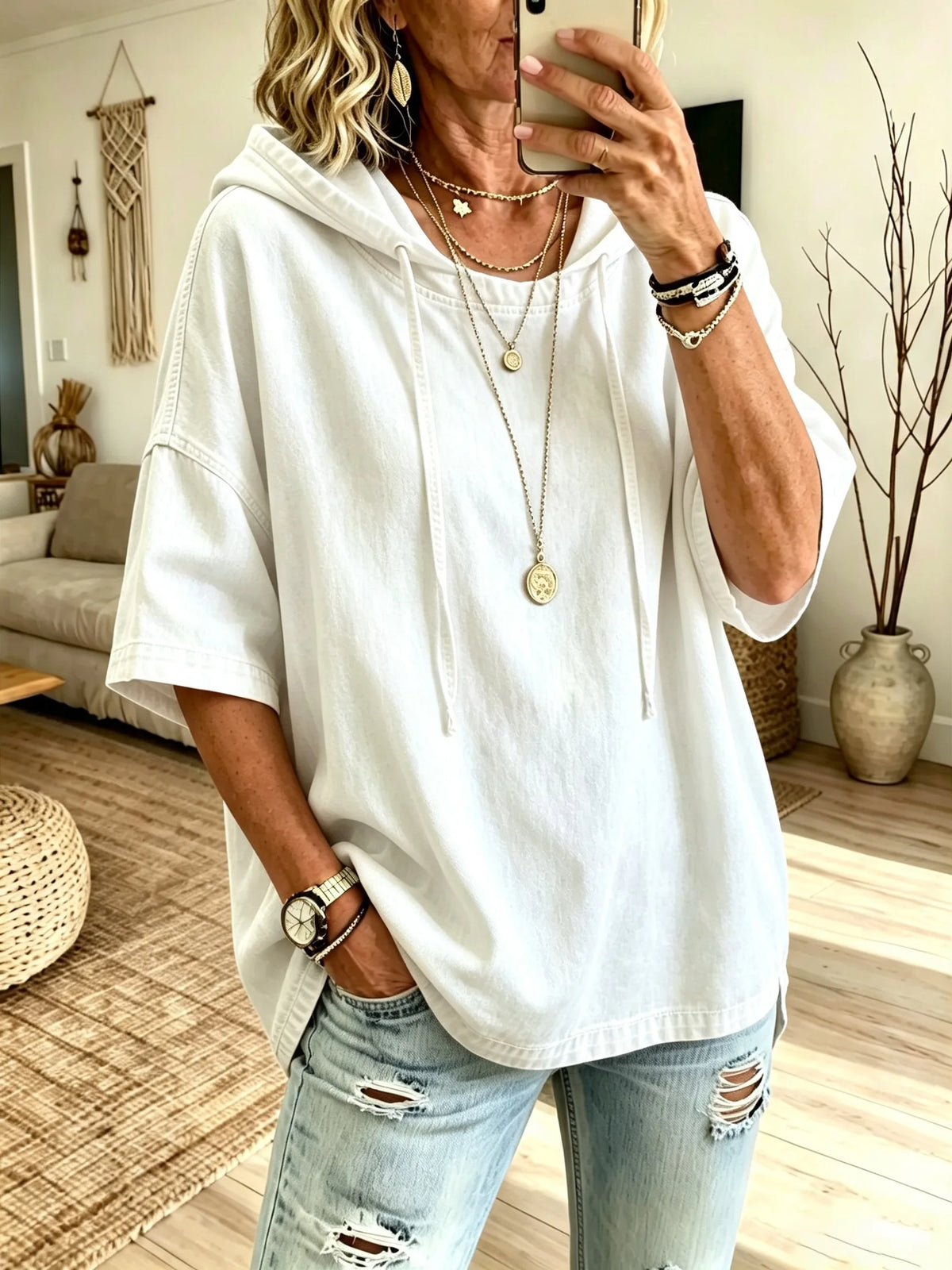 Women's Washed Denim Solid Hooded Short Sleeve Loose Top