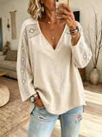 Women Solid Hollow Lace Spliced V-Neck 3/4 Sleeve Linen Blend Top