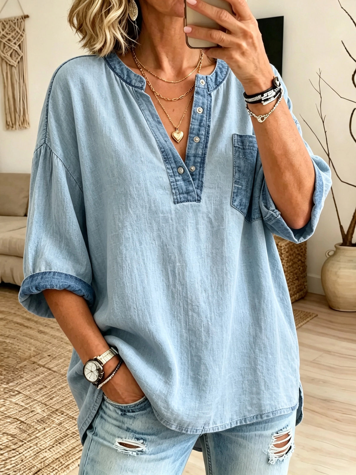 Women's V-Neck Denim Pullover Blouse